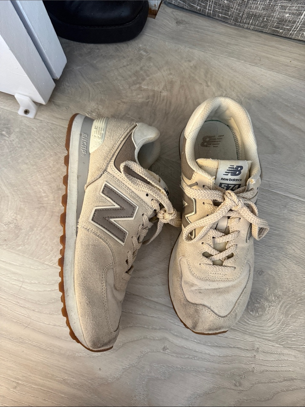 New Balance Beige Suede & Gum Sole Sneakers
